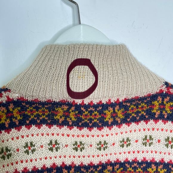 Edina Ronay England Tan, Red, Blue Fair Isle Hand Knit Wool Cardigan Sweater - Picture 9 of 10